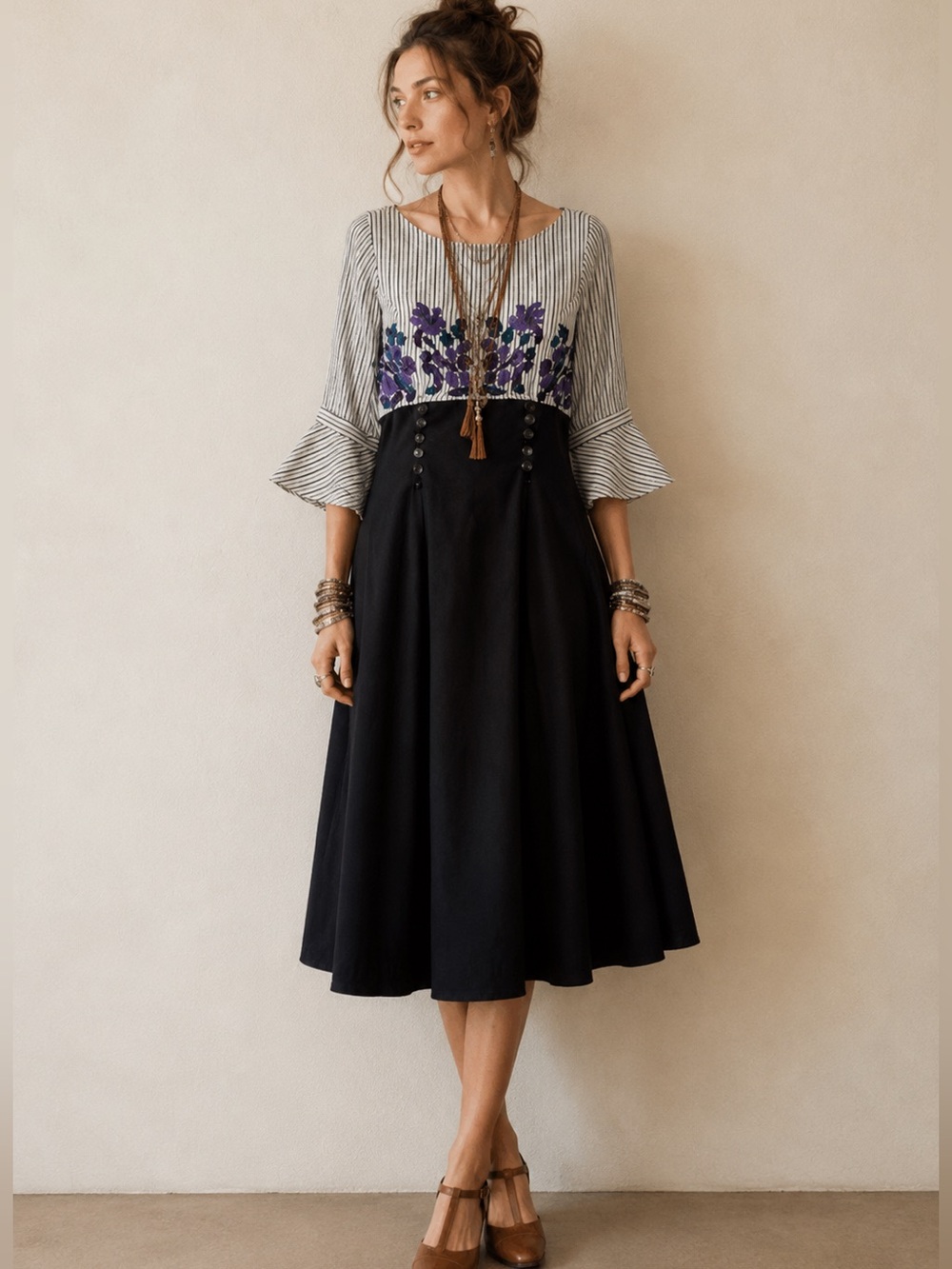 Eshakti Stripe Floral Embroidered Boho Dress Sz M-8